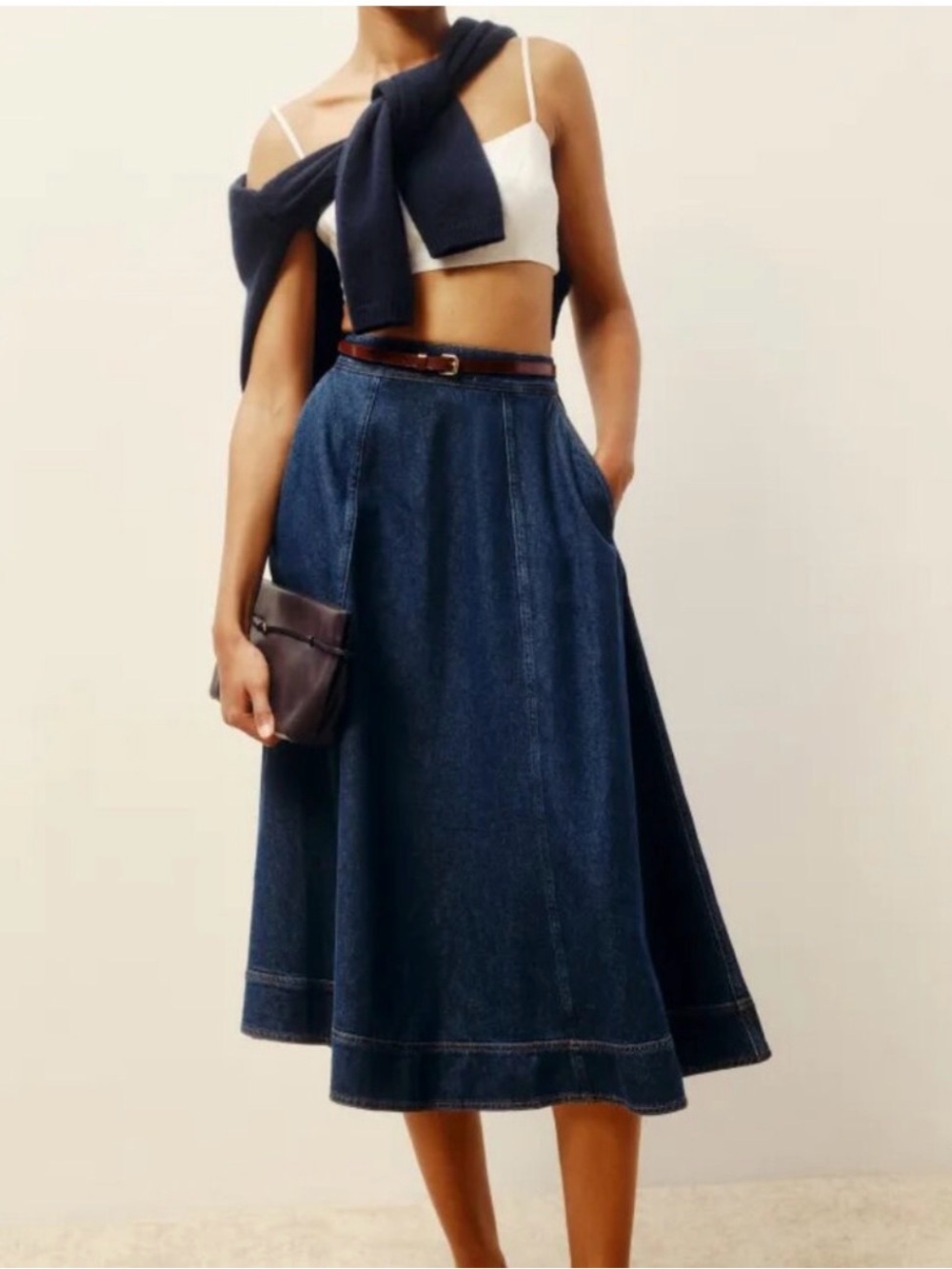 Reformation Delilah Dark Blue Denim A-Line Midi Skirt